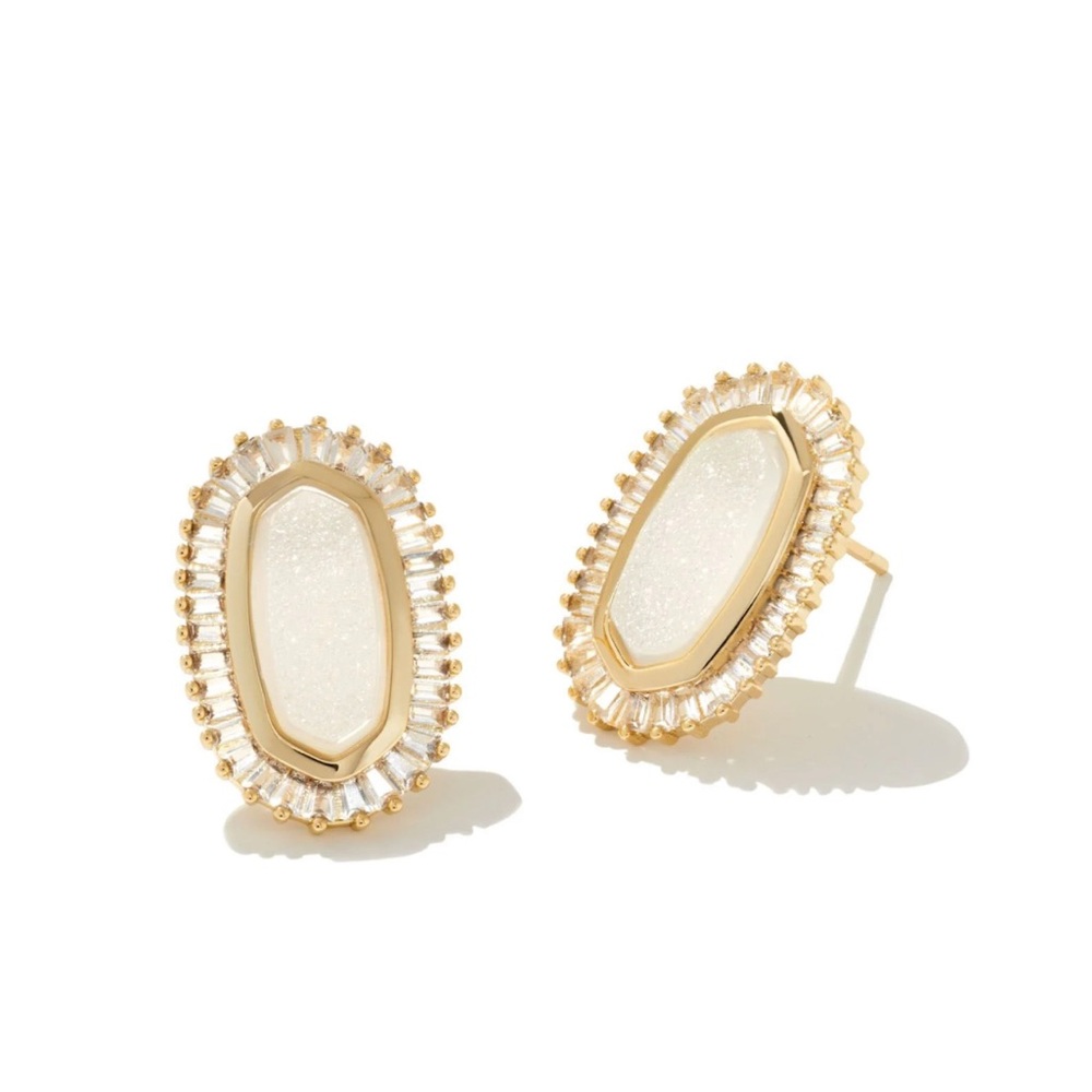 Kendra Scott Baguette Ellie Stud Earrings in Gold Iridescent Drusy; New, Unused